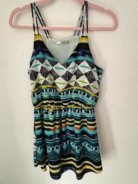 Papaya Vibrant Colored Print Spaghetti Strap Mini Sundress. SZ M